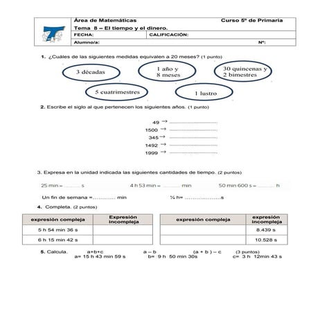 Control Unidad Didáctica "Medir el tiempo y el dinero"