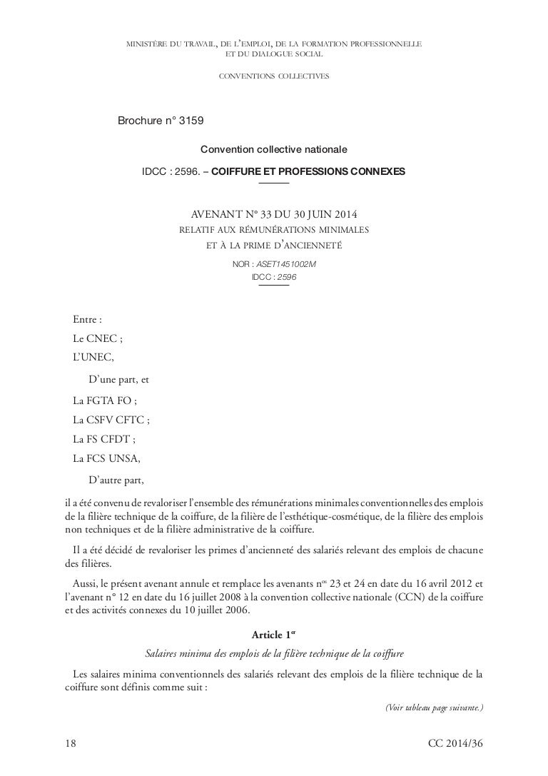Avenant à La Convention Collective Nationale De La Coiffure