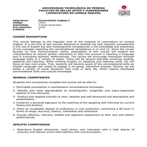 ENGLISH CONVERSATION I SYLLABUS