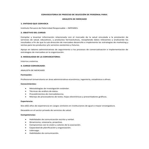 Convocatoria para Analista de Mercado