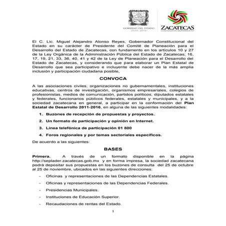 Convocatoria a participar en la conformación del plan estatal de desarrollo 2...