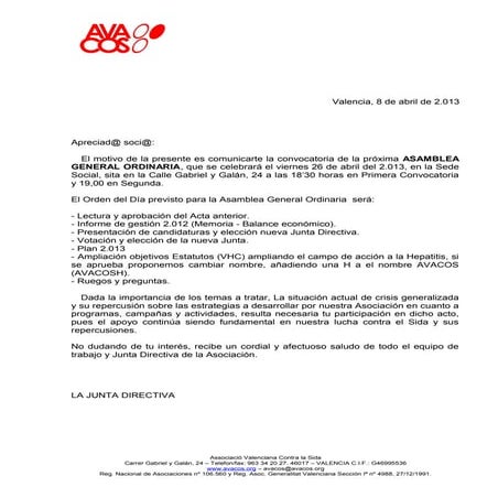 Convocatoria asamblea general ordinaria 2013