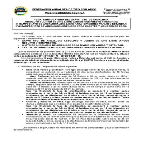 Convocatoria Ctos de Andalucía Tiro con Arco Aire Libre 2016