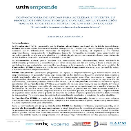 Bases de la convocatoria de ayudas para acelerar e invertir en proyectos info...