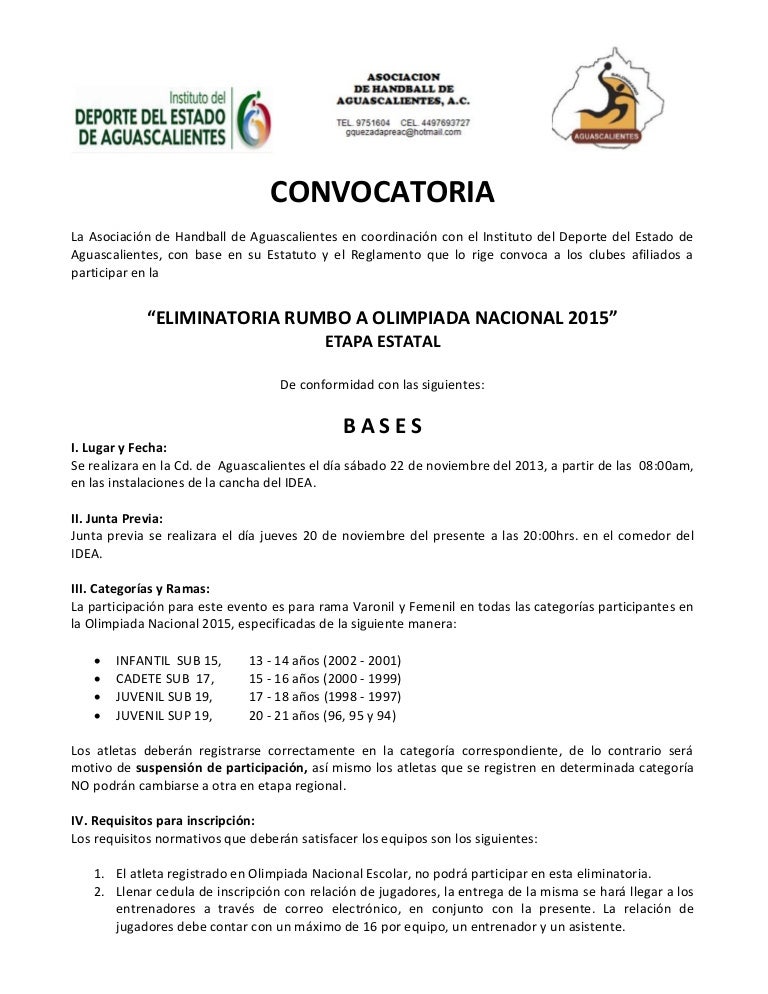 Convocatoria estatal rumbo on15 de Handball