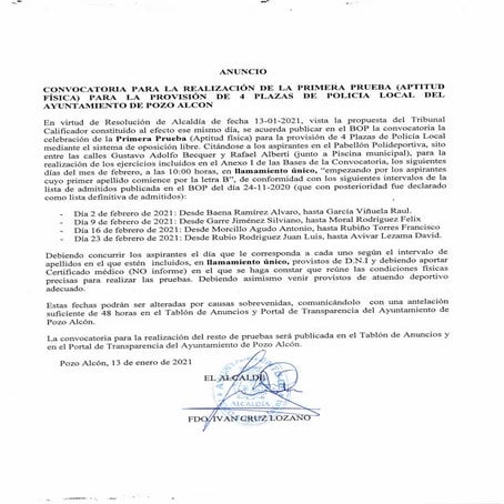 Convocatoria para realización prueba plazas policía local