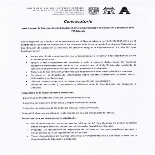 Convocatoria representación estudiantil del SUAyED Psicología