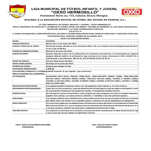 CONVOCATORIA TORNEO CLAUSURA 2017
