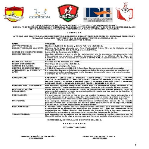 Convocatoria torneo de clausura 2016