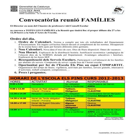 Convocatòria reunió horari 2011 2012