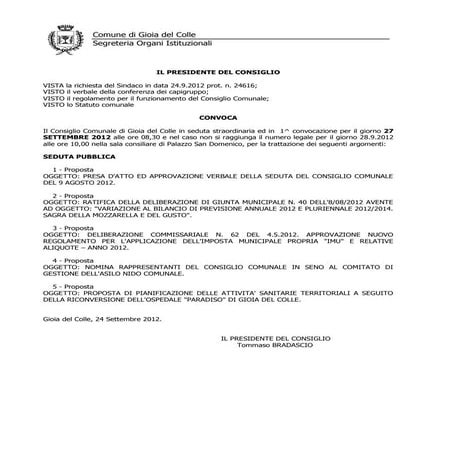 Convocazione consiglio 27 settembre