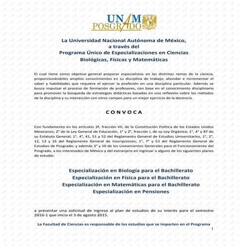 Convocatoria de Especializaciones Facultad de Ciencias UNAM