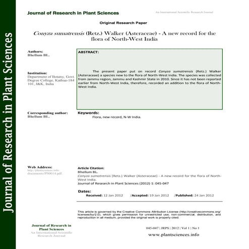 Conyza sumatrensis (retz.) walker (Asteraceae)  - A new record for the flora ...