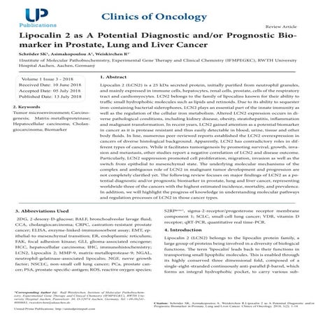 Lipocalin 2 as a Potential Diagnostic and/or Prognostic Biomarker in ...