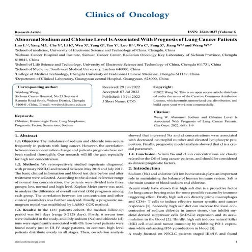 Abnormal Sodium and Chlorine Level Is Associated With Prognosis of Lung Cance...