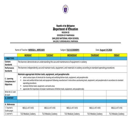 Cookery 7/8 Store and Stack Kitchen tools and Equipment Week 3 Daily Lesson Log