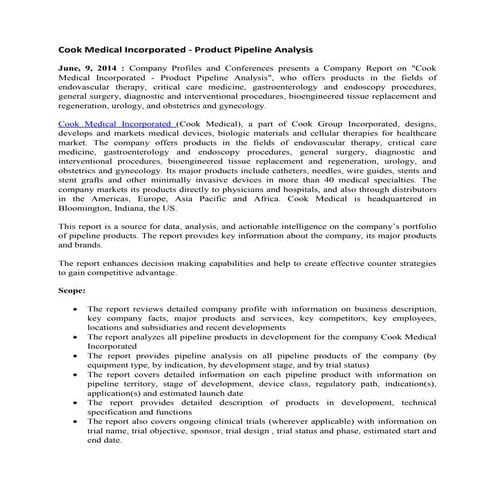 Cook medical incorporated   product pipeline analysis