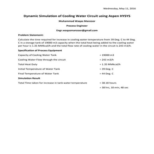 Dynamic Simulation of Cooling Water Circuit in Aspen HYSYS