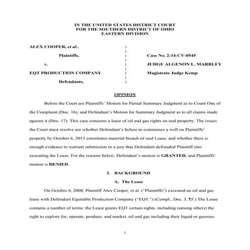Federal Court Decision in Alex Cooper v. EQT Production