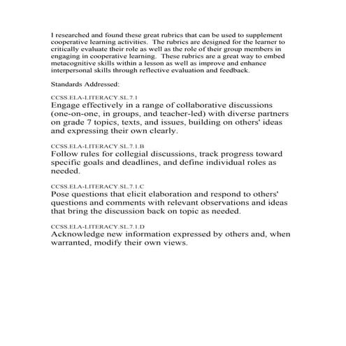 Cooperative learning rubrics