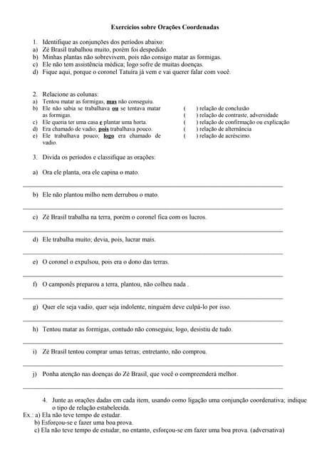 Exercícios de orações coordenadas, coesão e coerência | PDF