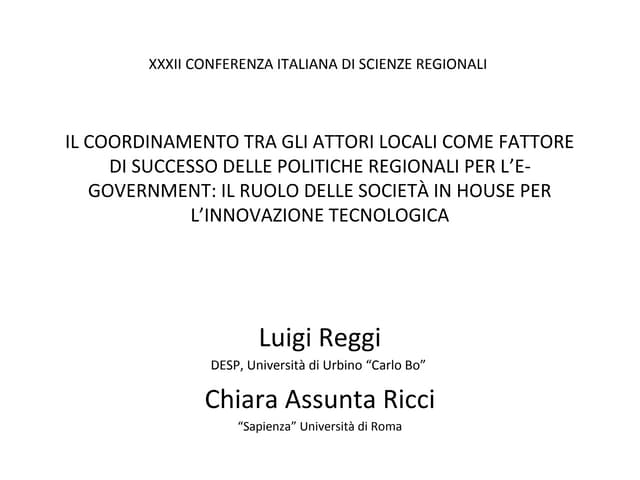 Il Coordinamento Tra Gli Attori Locali Come Fattore Di Successo Delle Politic...