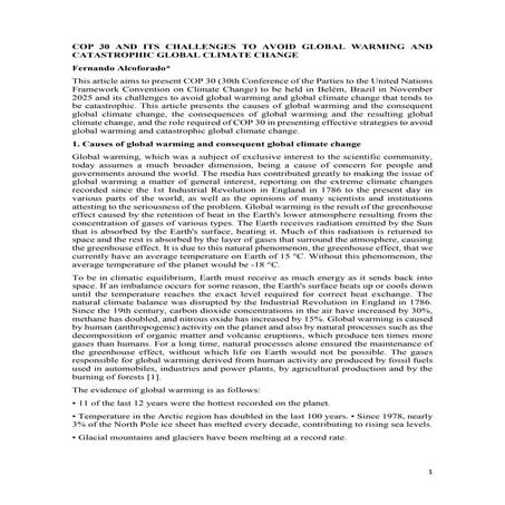 COP 30 AND ITS CHALLENGES TO AVOID GLOBAL WARMING AND CATASTROPHIC GLOBAL CLI...