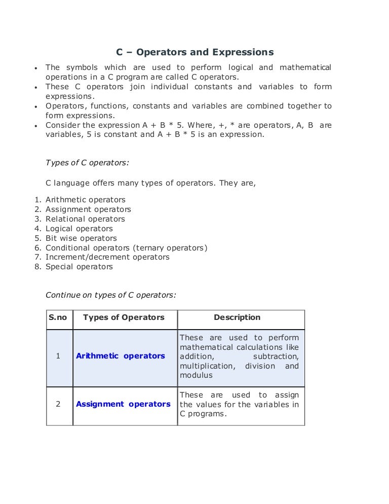 C Operators And Expressions C Operators And Expressions