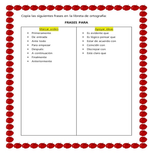 Copia las siguientes frases en la libreta de ortografía