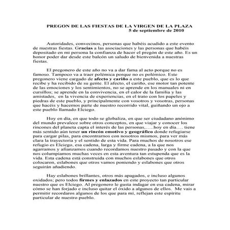 PREGON DE LAS FIESTAS PATRONALES DE LA VIRGEN DE LA PLAZA 2010