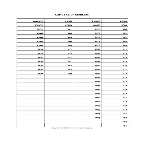 Copic sketch markers page color chart