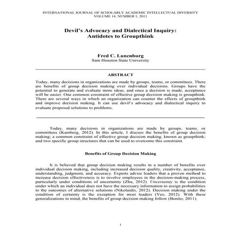 Dr. Fred C. Lunenburg, lunenburg, Devil's Advocacy & Dialectical Inquiry - IN...