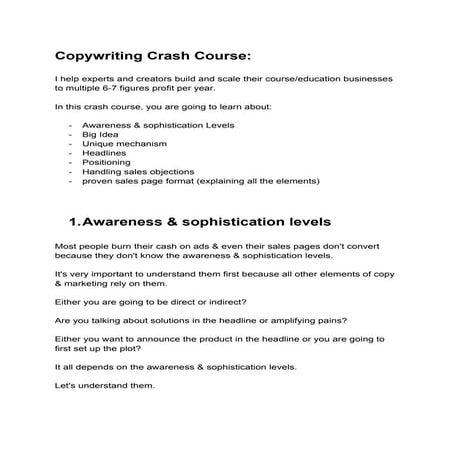 Copywriting Crash Course to scale their course/education businesses  multiple 6-7 figures profit per year.