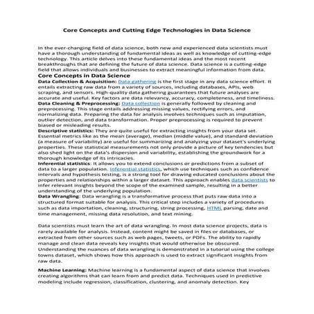 Core Concepts and Cutting Edge Technologies in Data Science