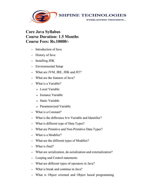 CORE JAVA SYLLABUS FROM SHPINE