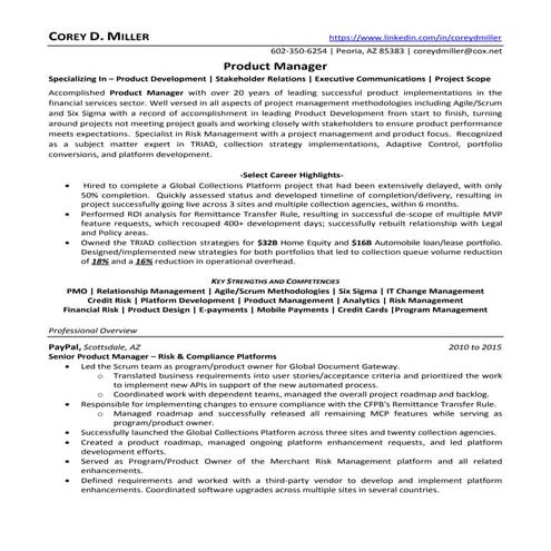 Senior Product Manager Financial Services in Phoenix AZ Resume Corey Miller