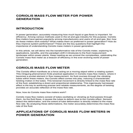 Coriolis Mass Flow Meter For Sulphuric Acid Measurement | DOCX