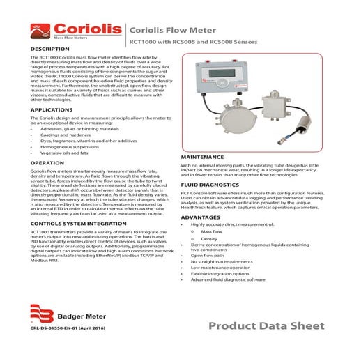 Coriolis rct1000 datasheet badger meter rct1000 with rcs005 and rcs008 sensors