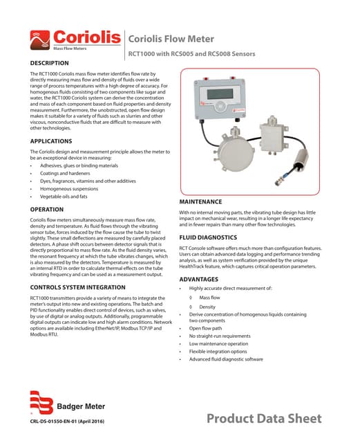 Coriolis rct1000 datasheet badger meter rct1000 with rcs005 and rcs008 sensors