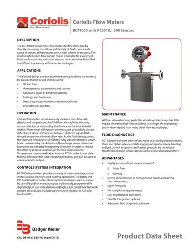Coriolis rct1000 datasheet badger meter rct1000 with rcs018...300 sensors