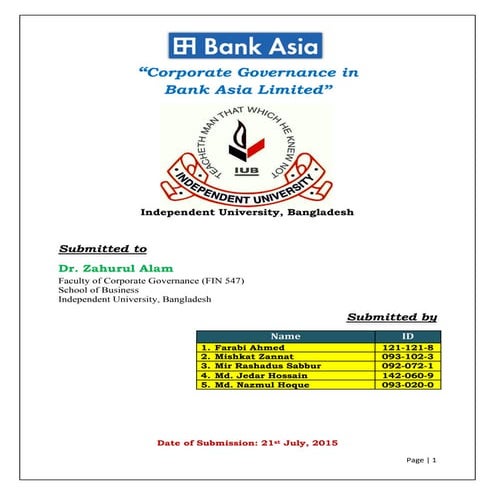 Corporate Governance Practices in Bank Asia, BD.