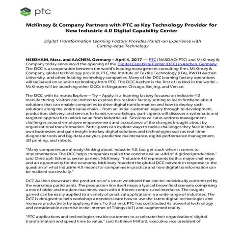 McKinsey & Company Partners with PTC as Key Technology Provider for New Indus...