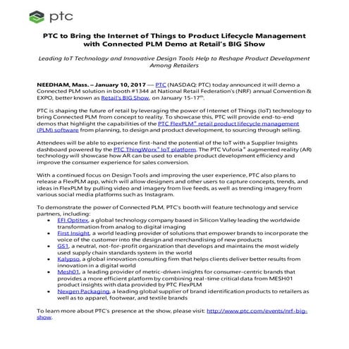 PTC to Bring the Internet of Things to Product Lifecycle Management with Conn...