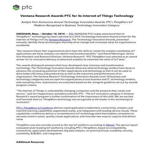 Ventana Research Awards PTC for its Internet of Things Technology