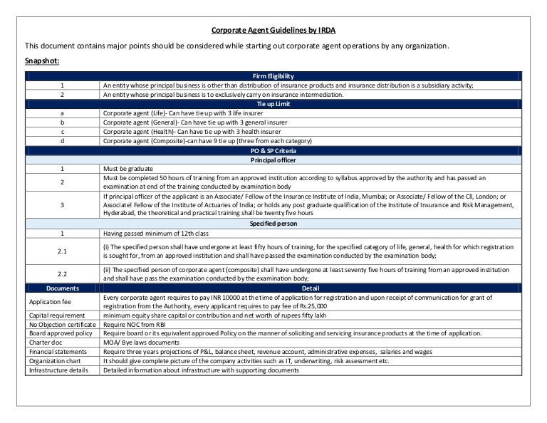 Corporate agent guidelines by IRDA in 2015