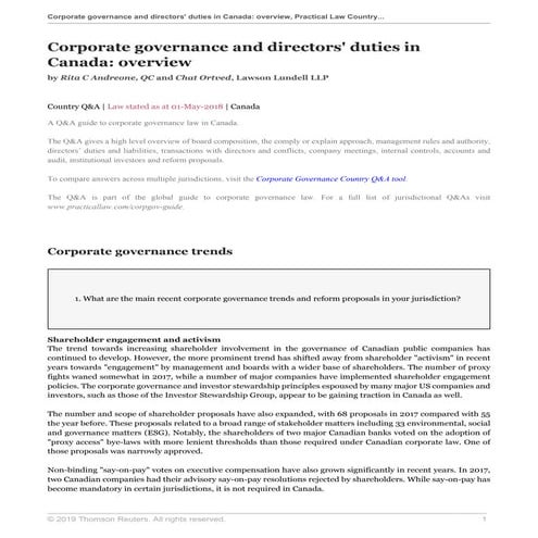 Corporate Governance And Directors' Duties In Canada: Overview