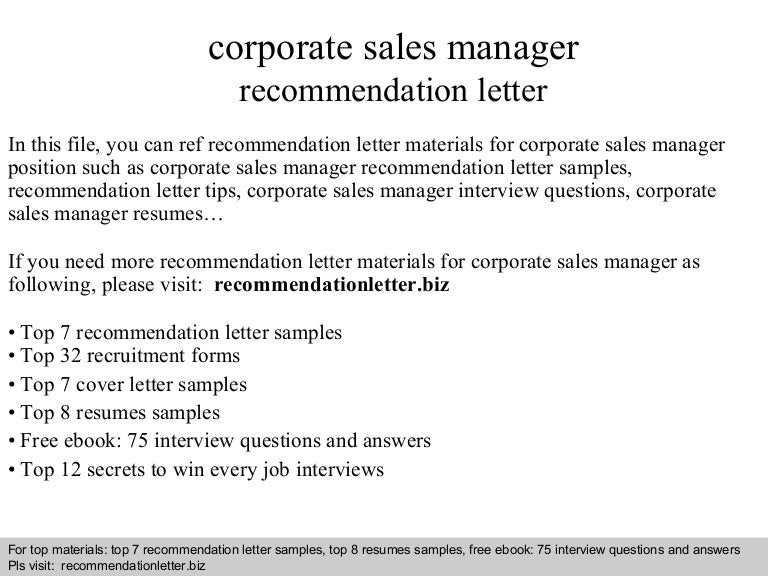 corporate sales manager recommendation letter corporate recommendation letter