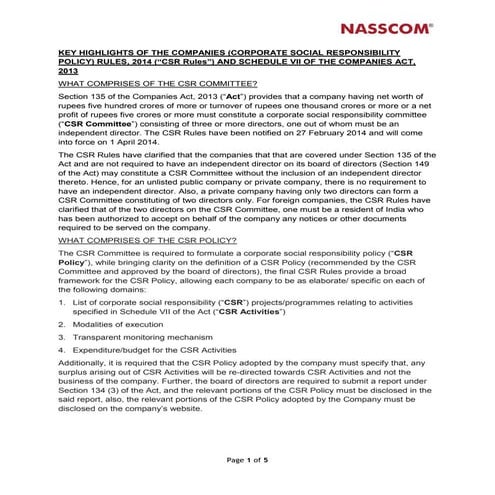 Corporate social responsibility policy rules 2014 NASSCOM