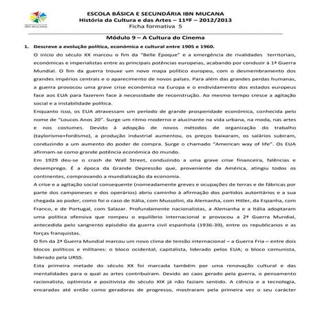 Ficha formativa "A Cultura do Cinema 1"