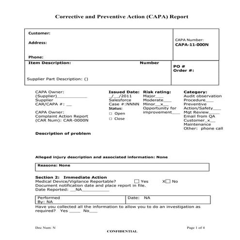 Corrective and preventive action plan  CAPA report form